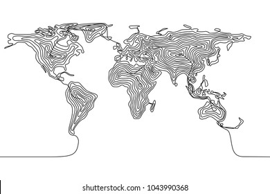 Continuous line drawing of a world map, single line flat Earth concept, template or icon