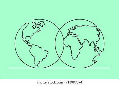 Continuous line drawing of World map in Hemispheres. Vector illustration