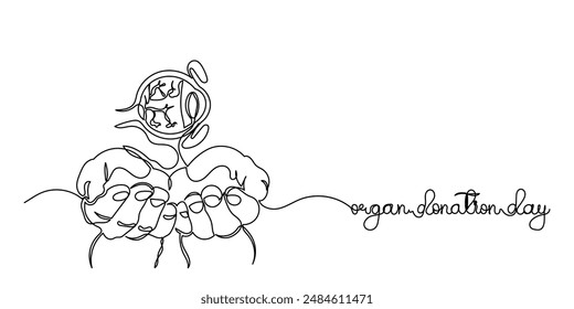Continuous line drawing of World Organ Donation Day with an eye for Transplantation, Hand holding human realistic liver, heart, kidneys, lungs. World Organ Donation Day is on the 13th of August.

