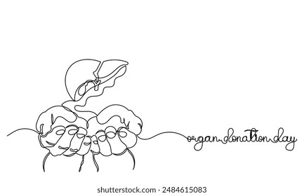 Dibujo de línea continua del Día Mundial de la Donación de Órganos con hígado para Trasplante, Mano sosteniendo humano realista, corazón, riñones, pulmones. El Día Mundial de la Donación de Órganos es el 13 de agosto.
