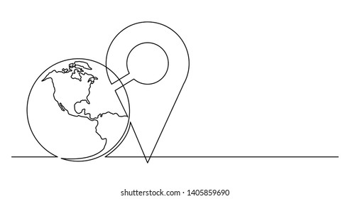 continuous line drawing of world planet with location icon