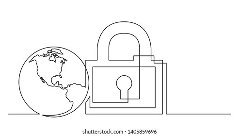 continuous line drawing of world planet with security lock
