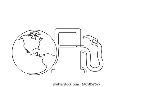 continuous line drawing of world planet with gas petrolium pump