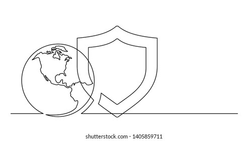 continuous line drawing of world planet with protection security shield icon