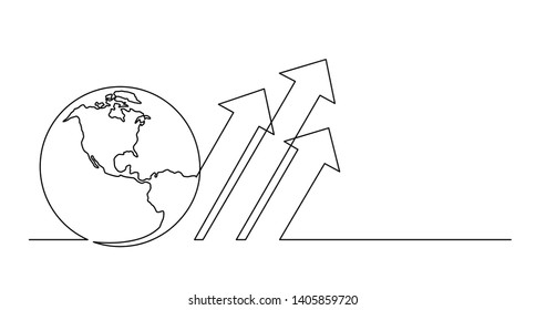 dibujo de línea continua del planeta mundial con flechas de organigrama