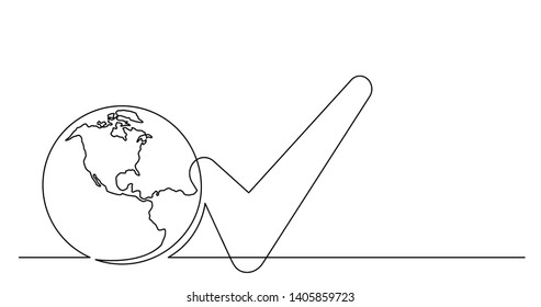 continuous line drawing of world planet with checked mark icon