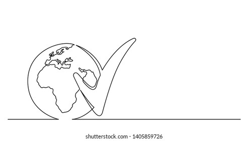 continuous line drawing of world planet with checked mark icon