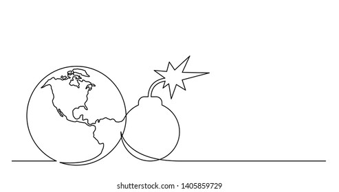 continuous line drawing of world planet with bomb with firing fuze