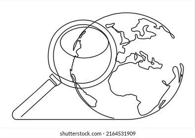 continuous line drawing of world planet with looking glass search icon