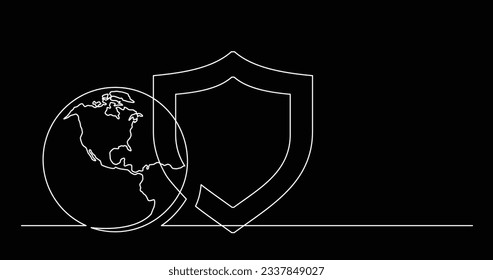dibujo de línea continua del planeta mundial con icono de protección de seguridad