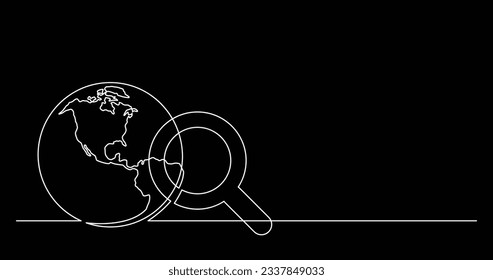 continuous line drawing of world planet with looking glass search icon