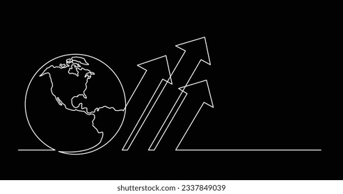 continuous line drawing of world planet with business chart arrows