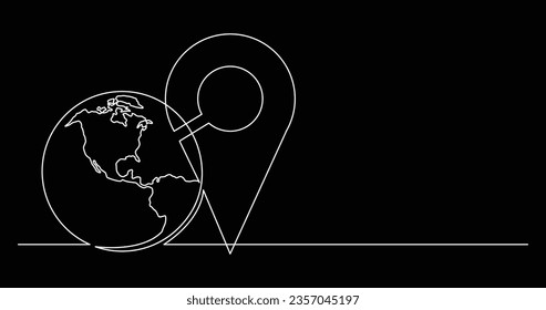 continuous line drawing of world planet with location icon