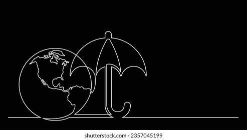 dibujo de línea continua del planeta mundial con icono del clima de paraguas