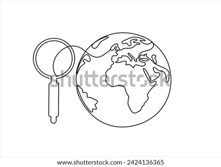 continuous line drawing of world planet with looking glass search icon