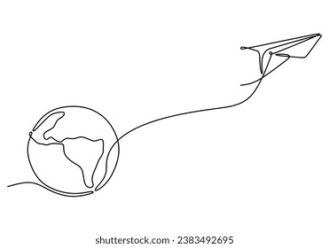 Continuous line drawing of world travel. Paper plane and earth. Vector illustration isolated. Minimalist design handdrawn.