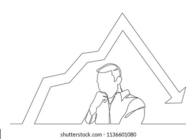 continuous line drawing of worried man with decreasing graph