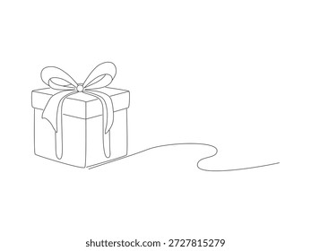 Un dibujo de línea continua de una caja de regalo envuelta con un lazo decorativo en un estilo gráfico minimalista.