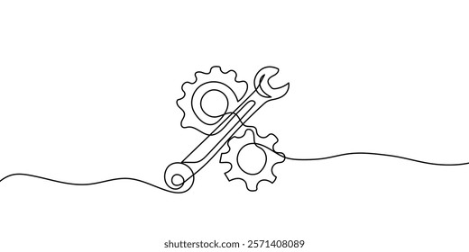 Continuous line drawing of wrench with gears. One line of mechnical wrench. Worker tool concept continuous line art. Editable outline	