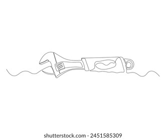 Continuous line drawing of wrench. One line of mechnical wrench. Worker tool concept continuous line art. Editable outline