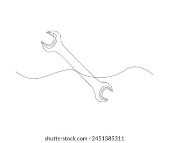 Continuous line drawing of wrench. One line of mechnical wrench. Worker tool concept continuous line art. Editable outline