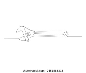 Continuous line drawing of wrench. One line of mechnical wrench. Worker tool concept continuous line art. Editable outline