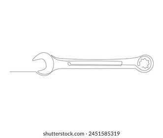 Continuous line drawing of wrench. One line of mechnical wrench. Worker tool concept continuous line art. Editable outline