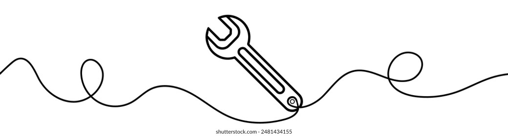 Continuous line drawing of wrench. One line of mechnical wrench. Worker tool concept continuous line art. Editable outline
