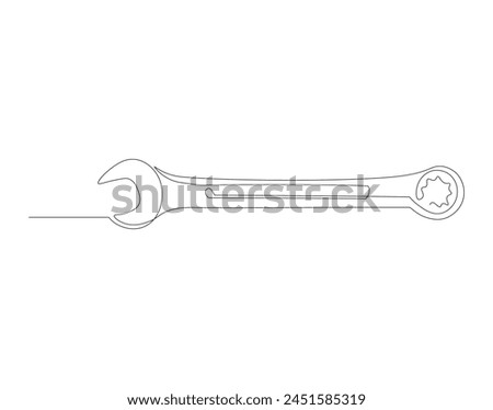 Continuous line drawing of wrench. One line of mechnical wrench. Worker tool concept continuous line art. Editable outline