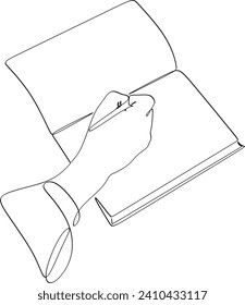 Continuous line drawing of a writing hand.Without artificial intelligence.