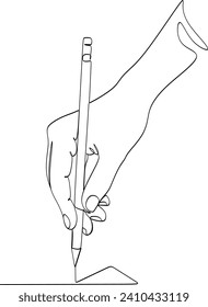 Continuous line drawing of a writing hand.Without artificial intelligence.