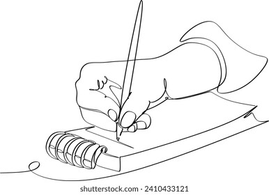 Continuous line drawing of a writing hand.Without artificial intelligence.