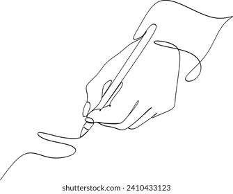 Continuous line drawing of a writing hand.Without artificial intelligence.