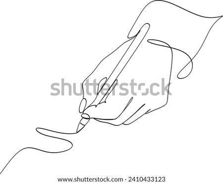 Continuous line drawing of a writing hand.Without artificial intelligence.
