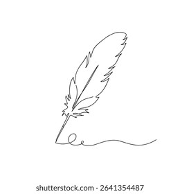 Continuous line drawing of writing quill feather pen. Minimalist black linear sketch isolated on white background. Hand drawn vector illustration.