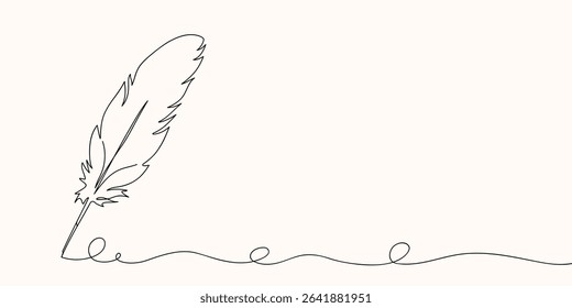 Continuous line drawing of writing quill feather pen. Minimalist black linear sketch isolated on white background. Hand drawn vector illustration.