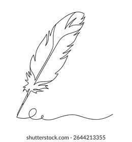 Continuous line drawing of writing quill feather pen. Minimalist black linear sketch isolated on white background. Hand drawn vector illustration.