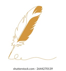Continuous line drawing of writing quill feather pen. Minimalist linear sketch isolated on white background. Hand drawn vector illustration.