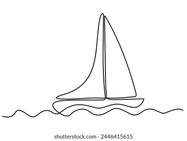 Continuous line drawing of yacht. Abstract sailing vessel silhouette. Template for your design works. Vector illustration.