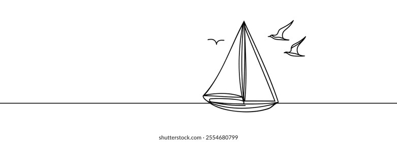 Continuous line drawing of yacht. Abstract sailing vessel silhouette. Template for your design works. Vector illustration