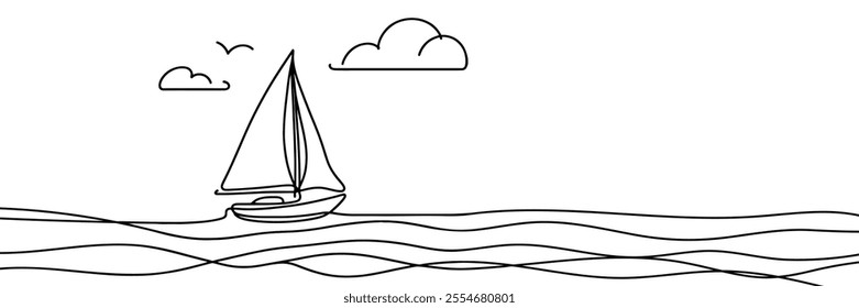 Continuous line drawing of yacht. Abstract sailing vessel silhouette. Template for your design works. Vector illustration