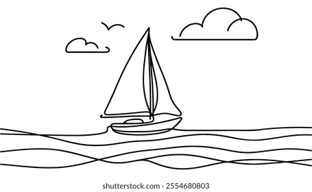 Continuous line drawing of yacht. Abstract sailing vessel silhouette. Template for your design works. Vector illustration