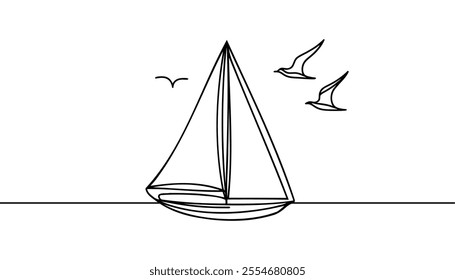 Continuous line drawing of yacht. Abstract sailing vessel silhouette. Template for your design works. Vector illustration