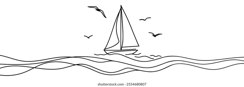 Continuous line drawing of yacht. Abstract sailing vessel silhouette. Template for your design works. Vector illustration