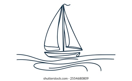 Continuous line drawing of yacht. Abstract sailing vessel silhouette. Template for your design works. Vector illustration