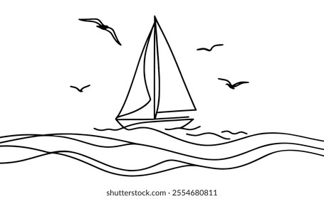 Continuous line drawing of yacht. Abstract sailing vessel silhouette. Template for your design works. Vector illustration