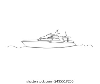 Continuous Line Drawing Of Yacht. One Line Of Luxury Yacht. Yacht On The Water Continuous Line Art. Editable Outline.