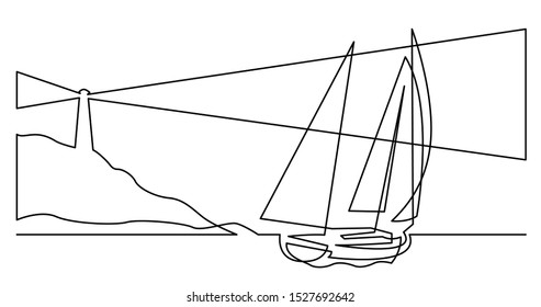 continuous line drawing of yacht sailing near coast with lighthouse