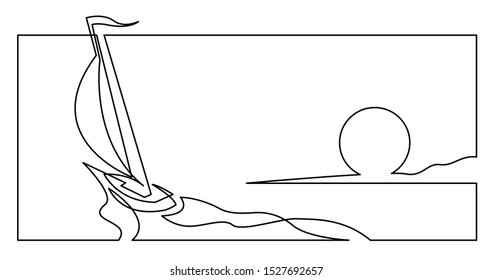 continuous line drawing of yacht sailing fast on sea during sunset