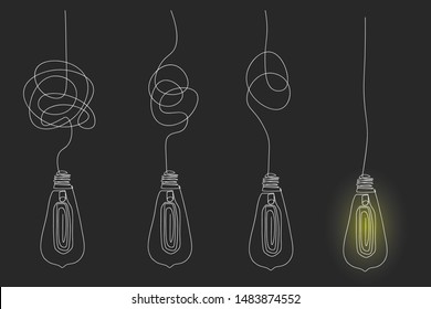 continuous line drawing of a yellow light bulb conceptual business ideas.
linear style and Hand drawn Vector illustrations, Black background